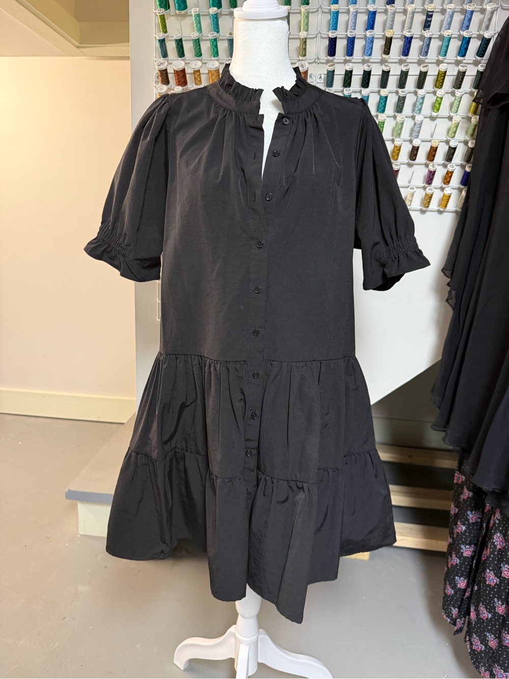 Apiece Apart Black Tiered Button-Front Mini Dress
